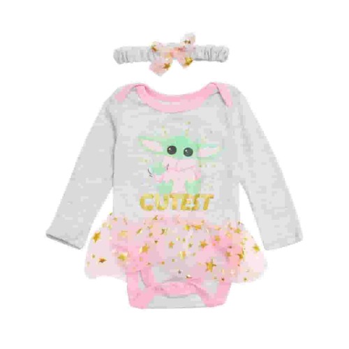 STAR WARS Baby Yoda Newborn Baby Girl Long Sleeve Bodysuit with Tutu and Headband Grey/Pink/Green, 6-9 Months
