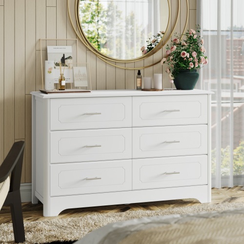 Homfa Double Dresser with 6 Drawer, White Horizontal Dresser Chest for Bedroom Kid's Room