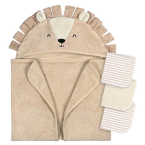 Gerber Baby 4 Piece Animal Character Hooded Towel and Washcloth Set, Brown Lion, One Size
