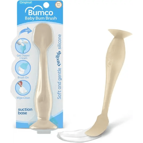 Bumco Baby Bum Brush - BPA-Free Diaper Cream Spatula with Suction Cup Base, Soft & Flexible Silicone, Wipe-Clean, Mom-Invented Diaper Bag Essentials (Sand)