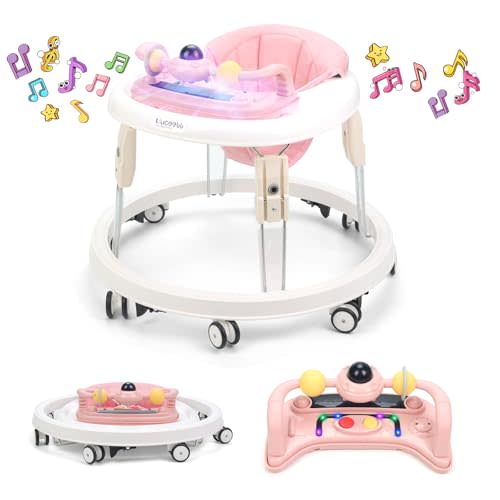 Baby Walker with Wheels,Music and Lights Baby Walker for Boys Girls 6-12 Months,Foldable Baby Walkers and Activity Center,Toddler Infant Walker with 7-Speed Height Adjustment,Detachable Plate,Pink