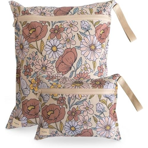 mushie Water Resistant Wet Bags | Large & Small Reusable Storage Bag for Baby Items and Travel | Zippered Pockets with Handle | Machine Washable, Set of 2 (Retro Flowers)