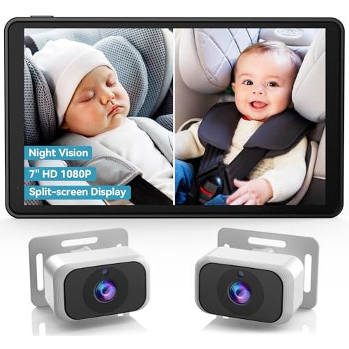 pemacom Baby Car Camera for 2-Kids: 7 Inch IPS Display with Dual Carseat Cameras, Split Screen, Night Vision, HD 1080P - USB Powered Easy Install Rear Facing Backseat Camera for Twins