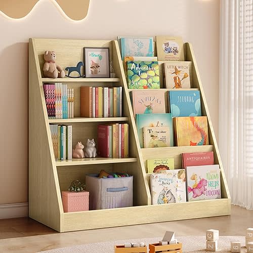 Tatub 6 Tier Kids Wooden Bookshelf and Toy Storage, Children Toy Organizer with Book Shelves, Toddler BookRack Baby Bookcase for Nursery, Playroom and Classroom, Natural Wood