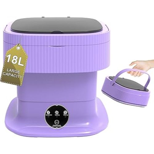 Portable Washing Machine with Spinner, 18L Small Foldable Washer Dryer, Collapsible Mini lavadora Portatil, Compact Luandry Washer for Baby Clothes, Underwear, Socks, Camping Travel Purple