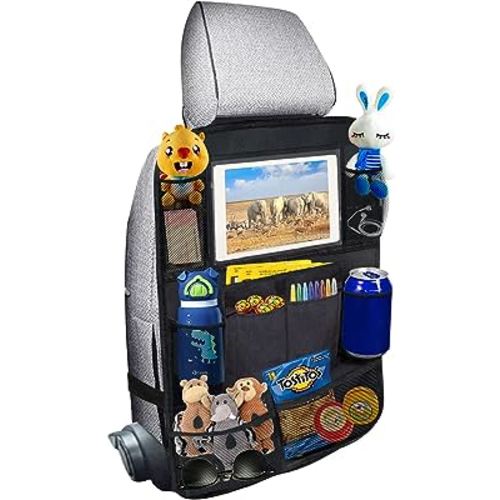 Ecurfu Backseat Car Organizer, Back Seat Protectors Kick Mats, Car Storage Bag with iPad Tablet Holder + 9 Storage Pockets for Kids Toddlers, Travel Accessories (1PC)