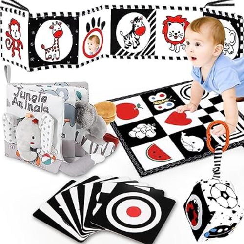 24 Pcs Black and White Baby Toys 0 3 6 Months, High Contrast Baby Toys for Newborn, Montessori Tummy Time Mirror Toys for Babies 0-3 3-6 Months, Baby Sensory Book for Brain Development