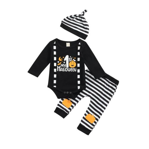 Inevnen My First Halloween Baby Boy Outfit Clothes Infant Romper Striped Pants Set with Hat 3PCS