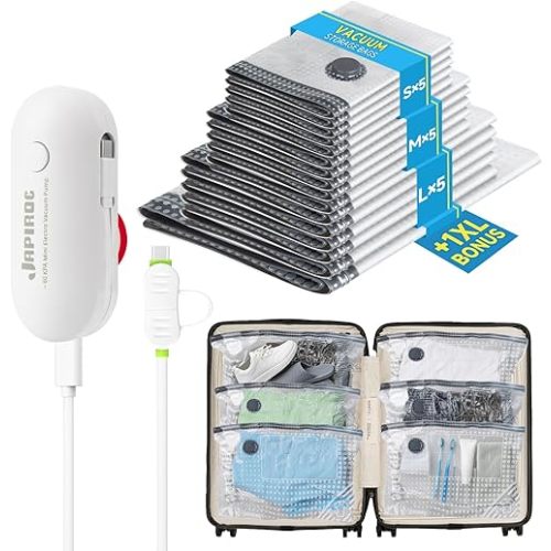 Travel Vacuum Storage Bags 16 Pack with USB Powered Electric Pump, Vacuum Seal Bags for Clothing Travel, Space Saver Bags for Luggage, Suitcase & Home Organization