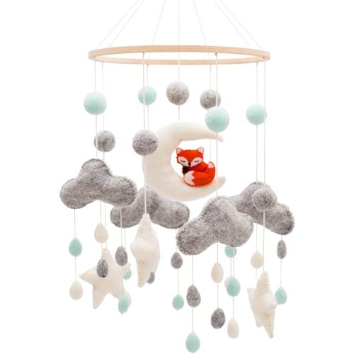 GLACIART ONE Baby Nursery Woodland Mobile for Crib | Gender Neutral Mobile for Forest Theme Nursery Decor | Felt Hanging Fox & Moon Room Decorations Handmade from Natural Wool | Great Gift Idea