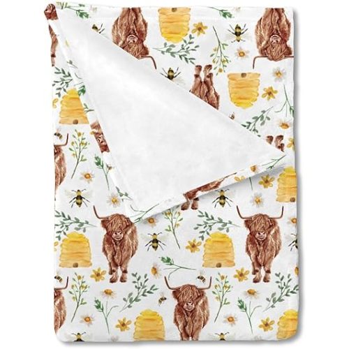 HawSkgFub Spring Highland Cow Daisy Flower Baby Blanket Girls Gift, Western Farm Animal Honey Bee Floral Flannel Fleece Nursery Bed Blankets, Soft Lightweight Newborn Infant Toddler Crib Bedding 40x50