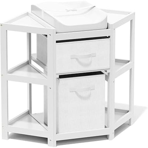 KORIMEFA Changing Table with Drawers, Corner Baby Diaper Changing Station with Laundry Hamper, Storage Bin, and Contoured Pad for Baby - White
