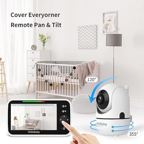 HelloBaby Upgrade Baby Monitor, 5'' Screen with 30-Hour Battery, Pan-Tilt-Zoom Video Baby Monitor with Camera and Audio No WiFi, Night Vision, VOX, 2-Way Talk, 8 Lullabies and 1000ft Range