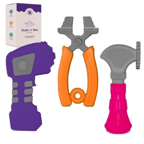 Sperric Silicone Teething Toys for Babies 0-6 Months - Kids Tools Set with Hammer, Pliers, Drill – Double-Sided Texture for Gum Soothing – 3pcs