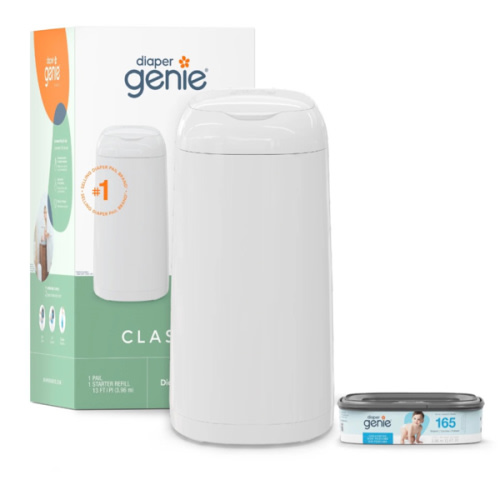 Diaper Genie Classic Pail Includes 1 Starter Square Refill That can Hold up to 165 Newborn-Sized Diapers.