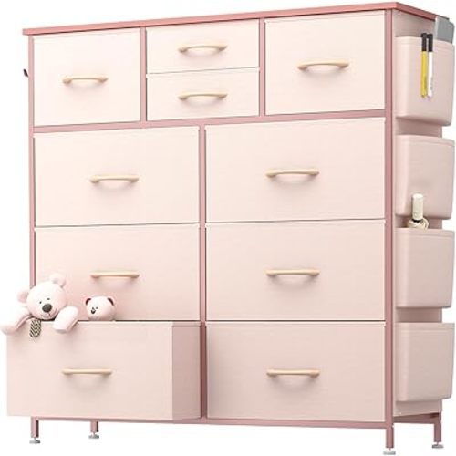 10 Drawer Dresser, Chest of Drawers for Bedroom, Fabric Dresser Drawers with Side Pockets, Hooks, Wooden Top and Sturdy Metal Frame for Living Room, Closet, Hallway (Pink)