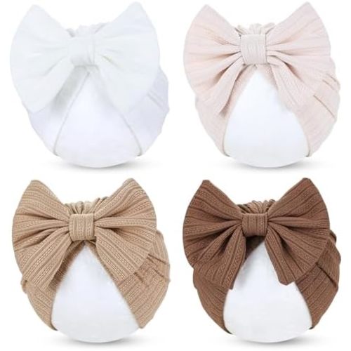 Cinaci 4 Pieces Baby Girls Turban Hats with Bow Newborn Hospital Caps Bonnets Beanies Headwraps for Infants Toddlers
