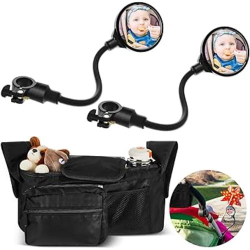 3 Pcs Stroller Mirror Universal Stroller Organizer Set Safety Stroller Rear View Mirror Detachable Stroller Bag Caddy Organizer with Cup Holder Phone Bag for Stroller Attachment Accessories