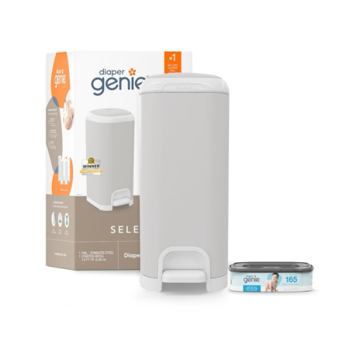 Diaper Genie Select Pail (Grey) is Made of Durable Stainless Steel and Includes 1 Starter Square Refill That can Hold up to 165 Newborn-Sized Diapers.