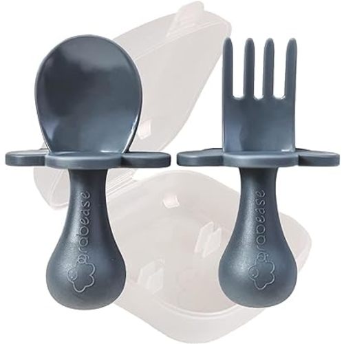 Grabease Toddler Spoon & Fork - First Stage Baby Spoons for Self Feeding from 4+ Months - BPA-Free & Phthalate-Free Baby Utensils & Silverware - 1 Set, Gray - Silverware Set - 1 Year Old Utensils