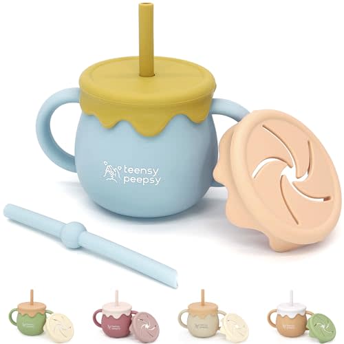 teensy peepsy Honey Pot 2-in-1 Silicone Training Cup 8.5oz, Baby Sippy Cup with Straw & Snack Cup for 6 months+ Straw Cup for Baby Boy Gift, Toddler Smoothie Cup (Honey Jar Blue)
