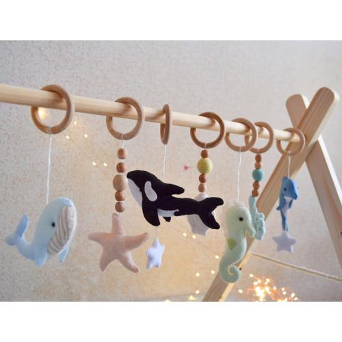 Baby Play Gym Toys, Whale nursery accessory, Montessori toys, Ocean baby play gym toys, hanging felt toys, whale gym toy, Wood Baby Play Gym