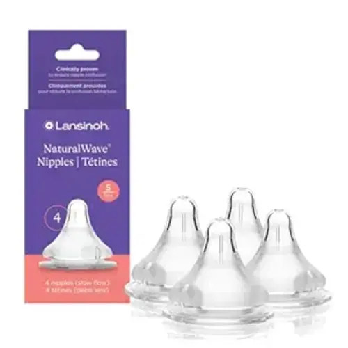 Lansinoh NaturalWave Baby Bottle Nipples, Slow Flow, Size S, 1+ Month, 4 Count 100% Soft, Durable Silicone, Made Without BPA BPS, Anti-Colic, Supports Baby's Developing Mouth and Teeth