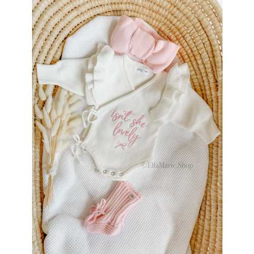 Newborn girl coming home outfit, isn’t she lovely, embroidered baby romper ruffle knit announcement, it’s a girl gender reveal she’s here