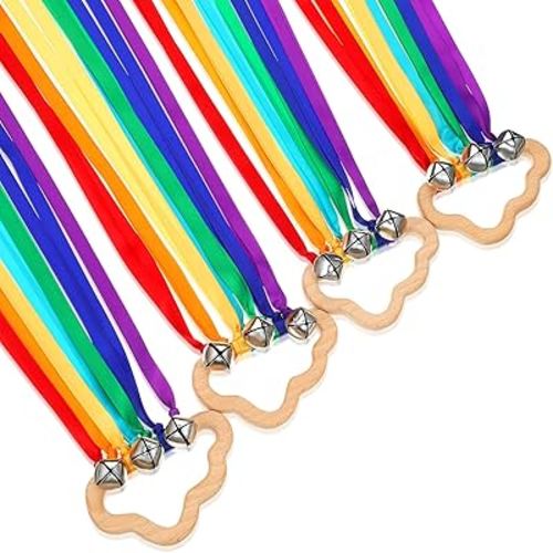 4 Pieces Rainbow Hand Ribbon Kite with Bells Wind Wand Dancing Ribbon Streamer Cloud Wood Sensory Toys Wooden Educational Toy for Party Birthday