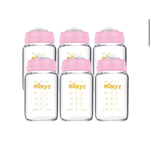 Matyz Glass Breastmilk Storage Containers, 6 Pack, 6 oz bottle, Compatible With Spectra Medela Philips Pump - Freezer Safe Storage Bottles Set - Leakproof Glass Baby Bottles - BPA Free (Pink Lids)