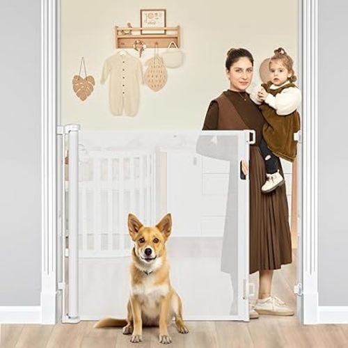 42" Tall X 60" Wide Retractable Dog Gate Extra Tall Baby Gates for Doorways Tall Pet Gate for Cats Adjustable Baby Gates for Dogs Indoor Outdoor Extra Tall Mesh Gates for Kids or Pets (White)