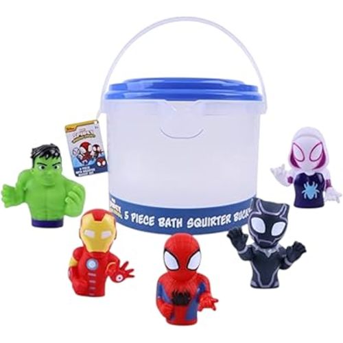 Marvel Spidey & Friends - Plus Avengers - 5 Piece Bath Squirter Bucket Set -Bath Toys for Baby and Toddlers - Includes Organizer Bucket - Store Bath Time Water Toy