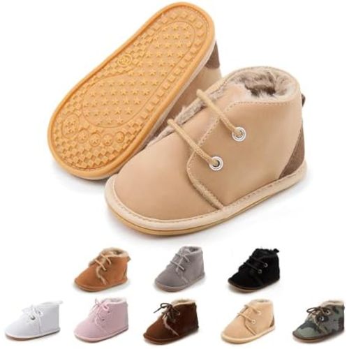 Baby Unisex Warm Snow Boots Newborn Leather Fur Lace Up Ankle Anti-Slip Rubber Texture Sole Toddler Prewalker Winter Crib Shoes