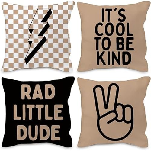 Brown Boy Pillow Covers 18x18 - Retro Checkered Set of 4, Nursery Decorative Covers for Couch, Rad Little Dude Sign for Room Playroom