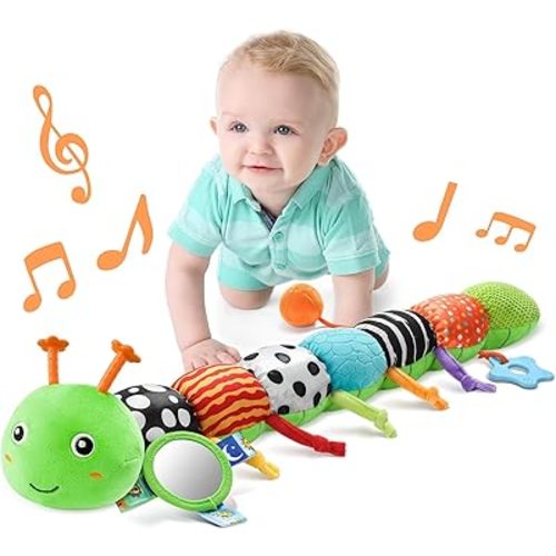 LIGHTDESIRE Baby Toys Musical Caterpillar,Infant Toys Stuffed Animals with Ruler Design,Mirror,Pull String&Ring Bell,Baby Teething Toy for Tummy Time Toy Newborn Boy Girl 3 6 12 Months(Grass Green)
