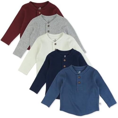 HonestBaby 5-pack Waffle Henley Long Sleeve Shirts 100% Organic Cotton for Infant Baby and Toddler Boys, Unisex