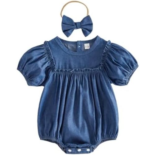 Baby Girl Denim Bubble Romper Smocked Ruffle Bodysuit Headband Infant Jumpsuit Cute Newborn Going Home Summer Outfit