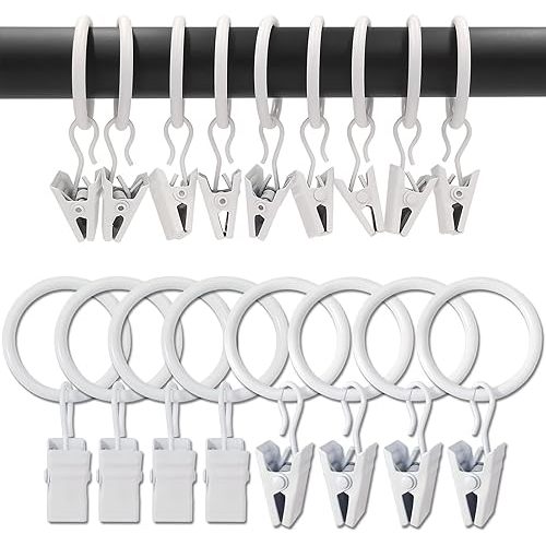 100 Pack Metal Curtain Rings with Clips, Drapery Clips with Rings, Drapes Rings 1 in I D, Fits Diameter 6/8 in Curtain Rod, White