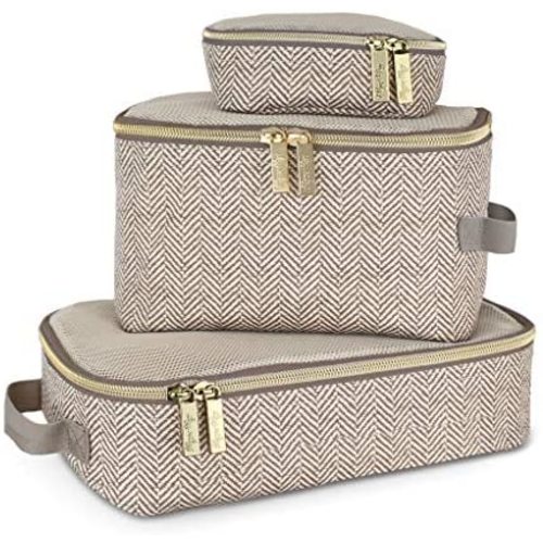 Itzy Ritzy Packing Cubes - Set of 3 Packing Cubes or Travel Organizers; Each Cube Features a Mesh Top, Double Zippers and a Fabric Handle; Taupe