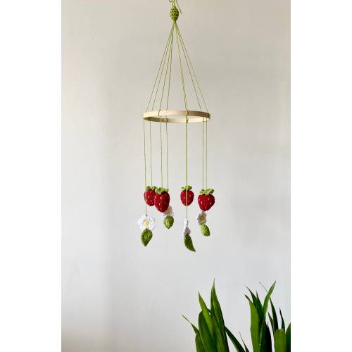 FRUITY - hand crocheted strawberries or lemons and flowers baby mobile on bamboo hoop, nursery décor, gender neutral
