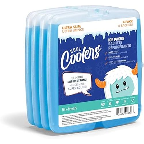 Cool Coolers by Fit + Fresh, 4 Pack Slim Ice Packs, Space Saving Reusable Ice Packs for Lunch Boxes or Coolers, Blue, Single Pack