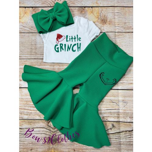 Little Miss Christmas / Green Santa Bell Bottoms/ Baby Girl High Waisted Bell Bottoms/ Bodysuit and Headwrap Set