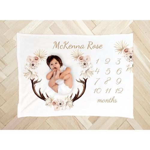 BOHO ANTLERS BABY Girl Milestone Blanket Hunting Deer Monthly Floral Personalized Month Custom Age Growth Hunter Baby Shower Gift Neutral