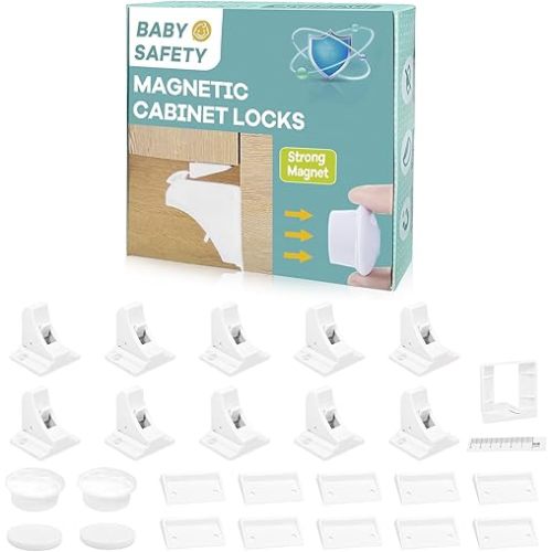 Magnetic Cabinet Locks Baby Proofing - Children Proof Cabinet Drawers Safety Locks (10 Locks and 2 Keys)