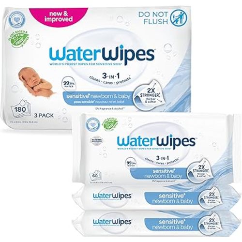 WaterWipes Sensitive+ Newborn & Baby Wipes, 3-In-1 Cleans, Cares, Protects, 99.9% Water, Unscented & Hypoallergenic, 180 Count (3 Packs)