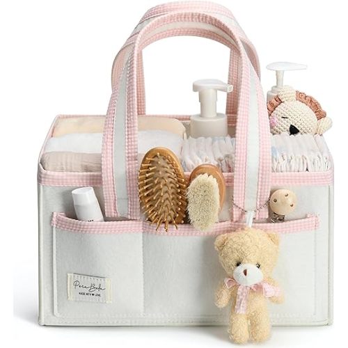 PeraBella Diaper Caddy Organizer with Handle, Baby Shower Gifts Basket Bag, Registry Search Must Haves Items, Nursery Storage Organizer for Newborn Girl Boy, Baby Bag Essentials, Car Diaper Caddy Cart