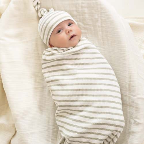 Swaddle Blanket & Hat Set - Sage Stripes