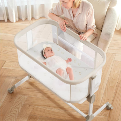 Fodoss Baby Bassinets Bedside Sleeper - All Mesh Bedside Bassinet with Wheels, 7 Height Adjustable Baby Bassinet for Infants, Beige