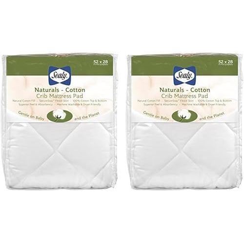 Sealy Baby Naturals Cotton Fitted Ultra Absorbent Infant Crib Mattress Protector Pad and Toddler Bed Cover, Durable and Comfortable Topper, Machine Washable and Dryer Friendly, 52” x 28”- White