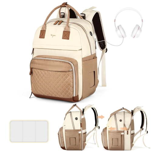 Diaper Bag Backpack - Extra Large Diaper Bag for 2 Kids Twin, Travel Baby Bags for Mom Dad 25-37L Expandable with Changing Pad Earphone Hole, Apricot Black